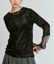 W:Huku | スリーブ 切り替え メッシュ ベロア トップス / Mesh Sleeve Sheer Velour Top(Tシャツ/カットソー)