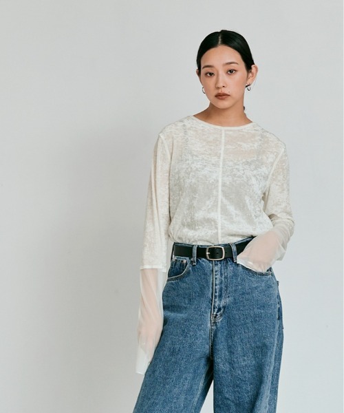 W:Huku（フーク）の「スリーブ 切り替え メッシュ ベロア トップス / Mesh Sleeve Sheer Velour Top（Tシャツ/カットソー・レディース・ブラック/ブルー系/ブラウン/オフホワイト・FREE）」の15枚目の写真