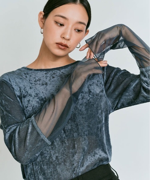 W:Huku（フーク）の「スリーブ 切り替え メッシュ ベロア トップス / Mesh Sleeve Sheer Velour Top（Tシャツ/カットソー・レディース・ブラック/ブルー系/ブラウン/オフホワイト・FREE）」の18枚目の写真