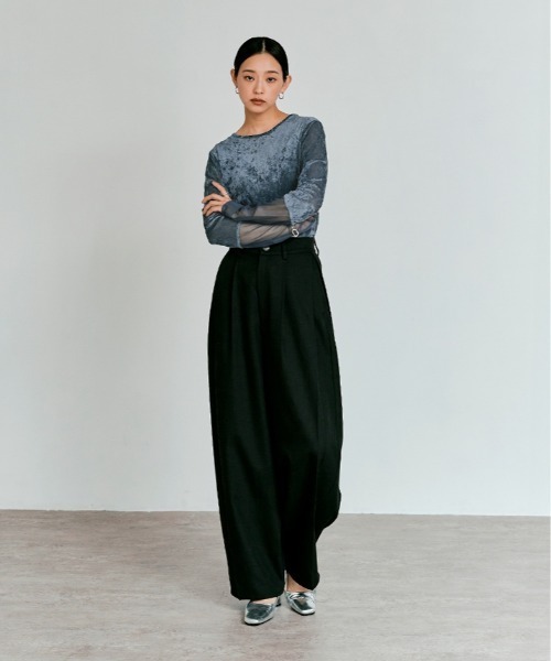 スリーブ 切り替え メッシュ ベロア トップス / Mesh Sleeve