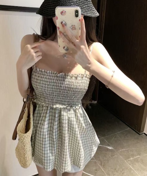 セール】リボンデザイン シャーリング チェック キャミソール ビスチェ