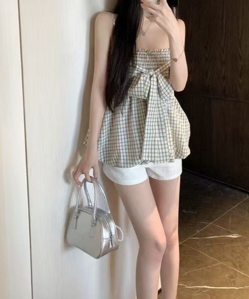 セール】リボンデザイン シャーリング チェック キャミソール ビスチェ