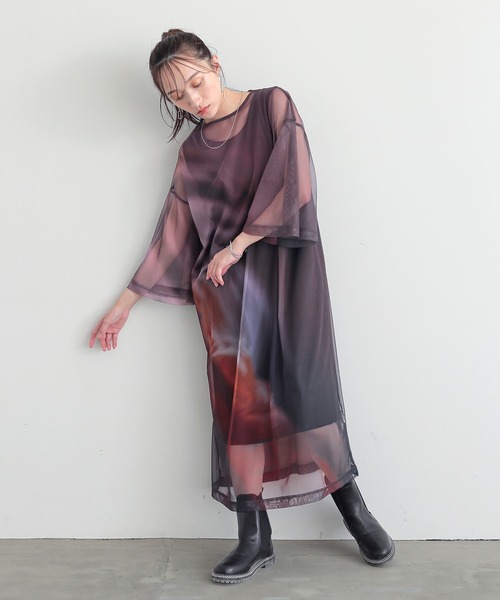 n'OrLABEL(ノアールレーベル)の「プリントシアーワンピースセットアップ(ワンピース・レディース・ネイビー/ボルドー・1/2)」の5枚目の写真