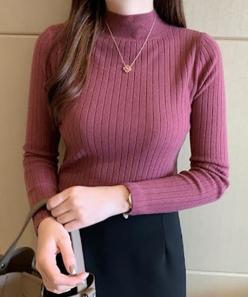cammie（キャミー）の「ワイドリブハイネックニットトップス（ニット/セーター・レディース・ブラック/パープル/マスタード/ベージュ/オフホワイト/グレー・FREE）」の5枚目の写真