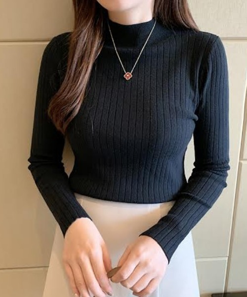 cammie（キャミー）の「ワイドリブハイネックニットトップス（ニット/セーター・レディース・ブラック/パープル/マスタード/ベージュ/オフホワイト/グレー・FREE）」の2枚目の写真