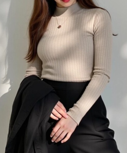 cammie（キャミー）の「ワイドリブハイネックニットトップス（ニット/セーター・レディース・ブラック/パープル/マスタード/ベージュ/オフホワイト/グレー・FREE）」の22枚目の写真