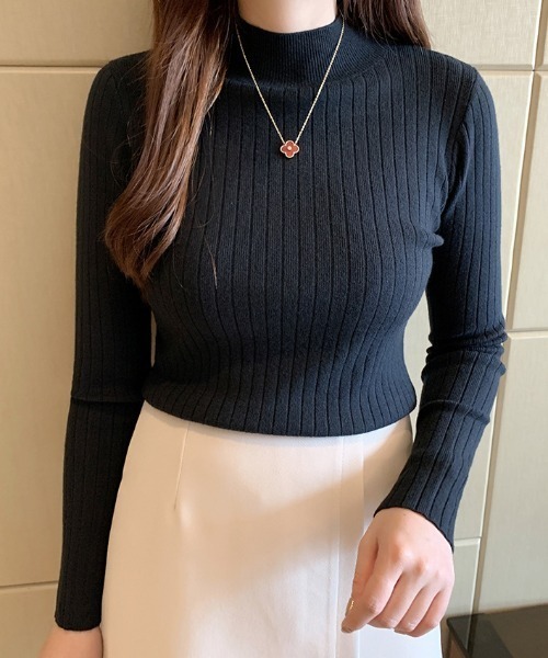 cammie（キャミー）の「ワイドリブハイネックニットトップス（ニット/セーター・レディース・ブラック/パープル/マスタード/ベージュ/オフホワイト/グレー・FREE）」の14枚目の写真