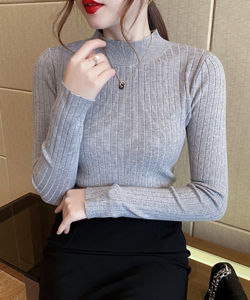 cammie（キャミー）の「ワイドリブハイネックニットトップス（ニット/セーター・レディース・ブラック/パープル/マスタード/ベージュ/オフホワイト/グレー・FREE）」の18枚目の写真