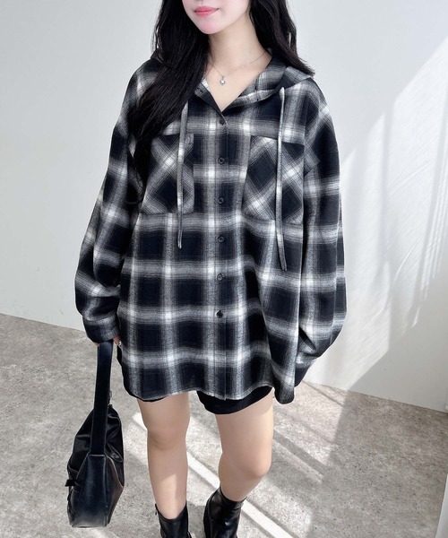 セール】フードビッグチェック柄シャツ（シャツ/ブラウス）｜INGNI