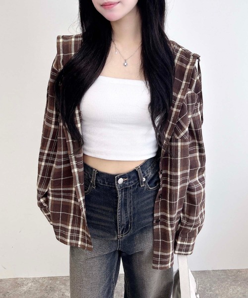 INGNI（イング）の「フードビッグチェック柄シャツ（シャツ/ブラウス・レディース・ブラウン系その他2/ブラック系/ネイビー系2・M）」の12枚目の写真