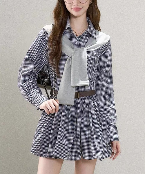 gossip!ロサンゼルス(ゴシップロサンゼルス)の「ショールデザインギンガムチェック フレアミニワンピース(ベルト付け)(ワンピース・レディース・チェック・M)」の1枚目の写真