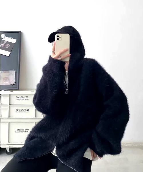 極美品✨ルネ パールメッシュニットパーカー ダブルジップ パフスリーブ ネイビー リフ Riff ジップアップニットパーカー セーター ダブルジップ