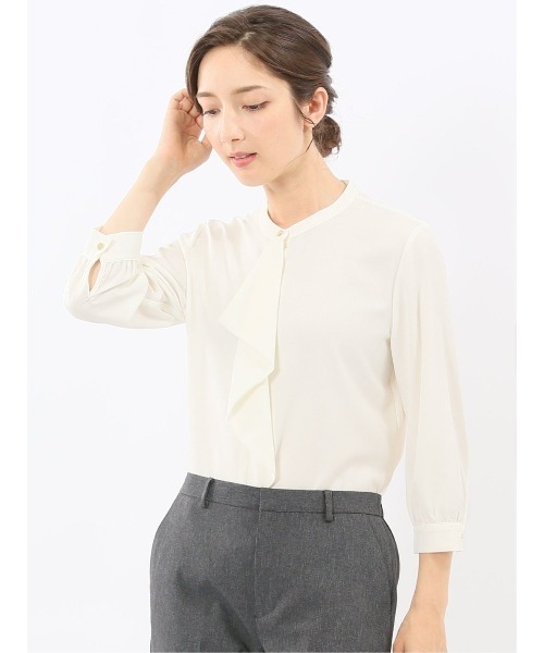 m.f.editorial（エムエフエディトリアル）の「【ストレッチ イージーケア UVカット】m.f.エディトリアル レディース ラッフルフリル 8分袖プルオーバーブラウス（シャツ/ブラウス・レディース・ライトグレー/ワインレッド/アイボリー/サックスブルー・LARGE/MEDIUM）」の2枚目の写真