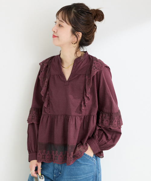 B.C STOCK(ベーセーストック)の「手洗い可 / レースフリルブラウス(シャツ/ブラウス・レディース・ホワイト/ブラック/ボルドー・FREE)」の3枚目の写真