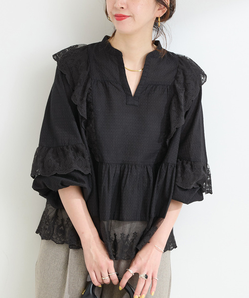 B.C STOCK(ベーセーストック)の「手洗い可 / レースフリルブラウス(シャツ/ブラウス・レディース・ホワイト/ブラック/ボルドー・FREE)」の1枚目の写真