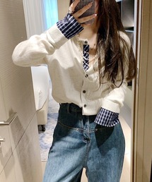 チェック柄シャツレイヤード風 ニットカーディガン