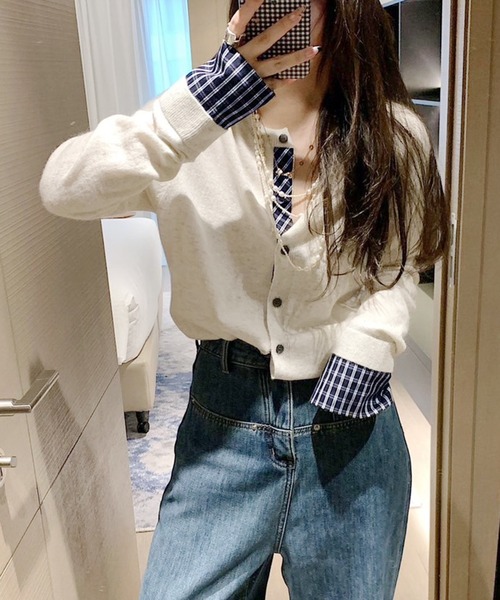 セール】チェック柄シャツレイヤード風 ニットカーディガン
