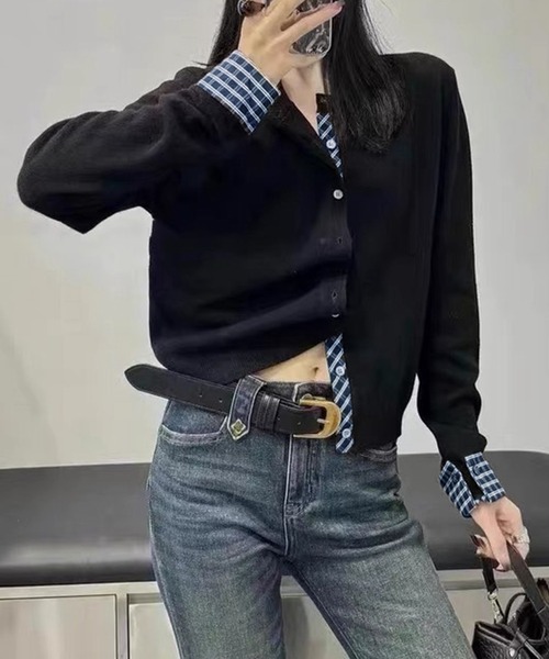 WESTSEA(ウエストシー)の「チェック柄シャツレイヤード風 ニットカーディガン(カーディガン/ボレロ・レディース・ブラック/グレー/オフホワイト/ネイビー・FREE)」の2枚目の写真