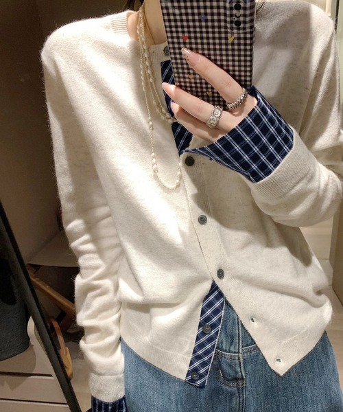 WESTSEA(ウエストシー)の「チェック柄シャツレイヤード風 ニットカーディガン(カーディガン/ボレロ・レディース・ブラック/グレー/オフホワイト/ネイビー・FREE)」の9枚目の写真