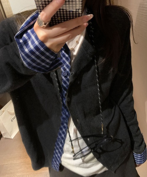 WESTSEA(ウエストシー)の「チェック柄シャツレイヤード風 ニットカーディガン(カーディガン/ボレロ・レディース・ブラック/グレー/オフホワイト/ネイビー・FREE)」の11枚目の写真