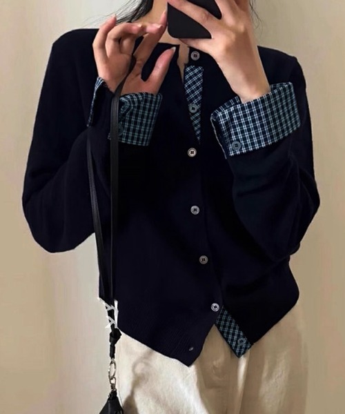WESTSEA(ウエストシー)の「チェック柄シャツレイヤード風 ニットカーディガン(カーディガン/ボレロ・レディース・ブラック/グレー/オフホワイト/ネイビー・FREE)」の12枚目の写真