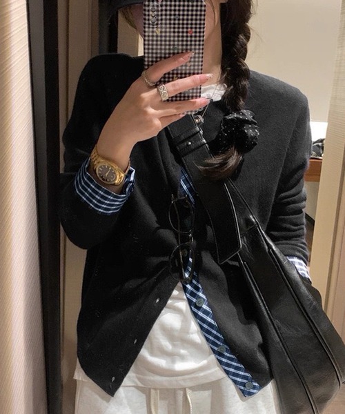 WESTSEA(ウエストシー)の「チェック柄シャツレイヤード風 ニットカーディガン(カーディガン/ボレロ・レディース・ブラック/グレー/オフホワイト/ネイビー・FREE)」の13枚目の写真