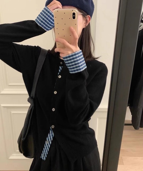 WESTSEA(ウエストシー)の「チェック柄シャツレイヤード風 ニットカーディガン(カーディガン/ボレロ・レディース・ブラック/グレー/オフホワイト/ネイビー・FREE)」の14枚目の写真