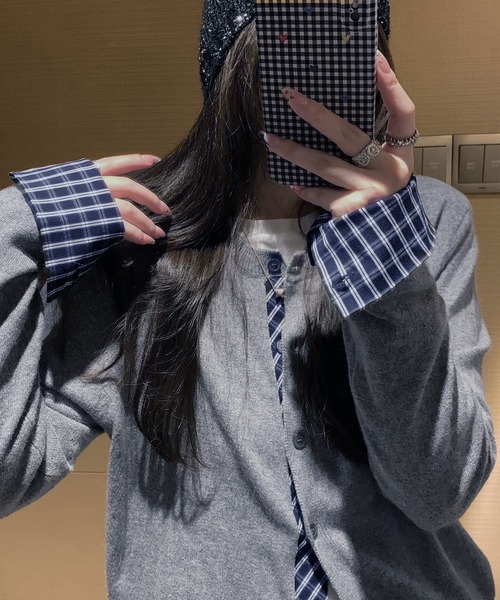 WESTSEA(ウエストシー)の「チェック柄シャツレイヤード風 ニットカーディガン(カーディガン/ボレロ・レディース・ブラック/グレー/オフホワイト/ネイビー・FREE)」の16枚目の写真