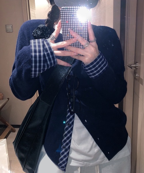 WESTSEA(ウエストシー)の「チェック柄シャツレイヤード風 ニットカーディガン(カーディガン/ボレロ・レディース・ブラック/グレー/オフホワイト/ネイビー・FREE)」の21枚目の写真