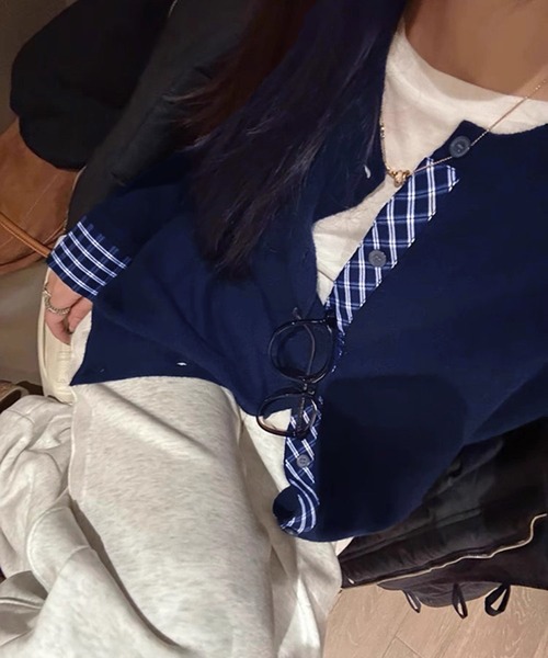 セール】チェック柄シャツレイヤード風 ニットカーディガン