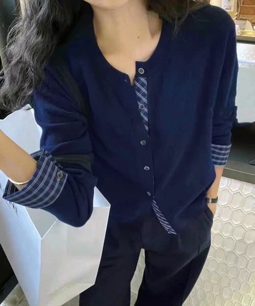 WESTSEA(ウエストシー)の「チェック柄シャツレイヤード風 ニットカーディガン(カーディガン/ボレロ・レディース・ブラック/グレー/オフホワイト/ネイビー・FREE)」の18枚目の写真