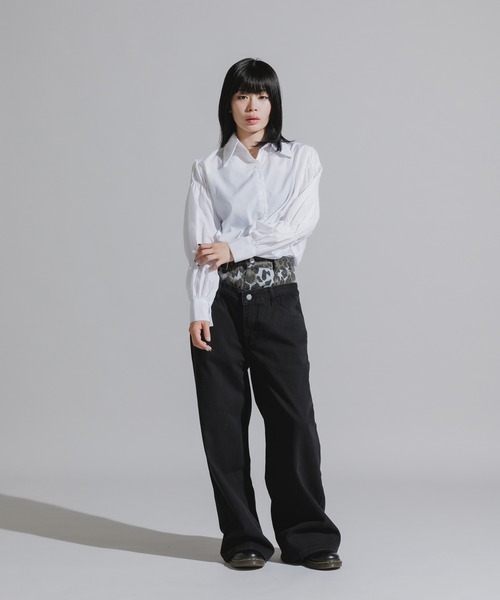 Chick（チック）の「Design Cotton Wide-Leg Pants / デザイン コットンワイドパンツ（デニムパンツ・レディース・ブラック/ブルー・FREE）」の3枚目の写真