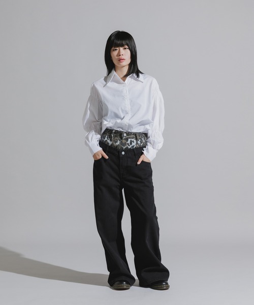 Chick（チック）の「Design Cotton Wide-Leg Pants / デザイン コットンワイドパンツ（デニムパンツ・レディース・ブラック/ブルー・FREE）」の4枚目の写真
