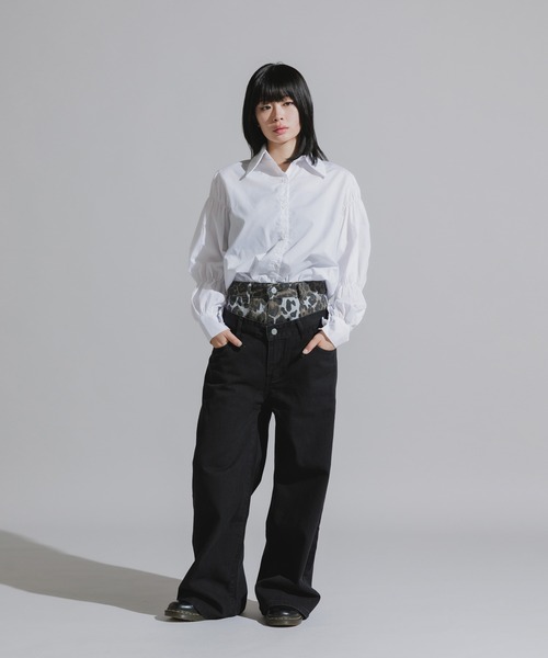 Chick（チック）の「Design Cotton Wide-Leg Pants / デザイン コットンワイドパンツ（デニムパンツ・レディース・ブラック/ブルー・FREE）」の5枚目の写真