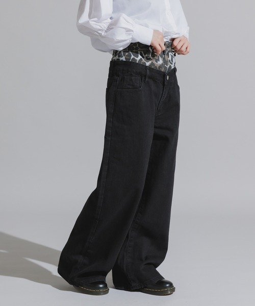 Chick（チック）の「Design Cotton Wide-Leg Pants / デザイン コットンワイドパンツ（デニムパンツ・レディース・ブラック/ブルー・FREE）」の15枚目の写真