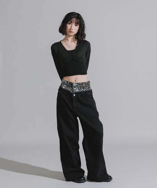 Chick（チック）の「Design Cotton Wide-Leg Pants / デザイン コットンワイドパンツ（デニムパンツ・レディース・ブラック/ブルー・FREE）」の21枚目の写真