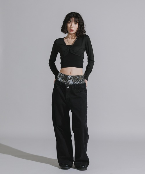 Chick（チック）の「Design Cotton Wide-Leg Pants / デザイン コットンワイドパンツ（デニムパンツ・レディース・ブラック/ブルー・FREE）」の22枚目の写真