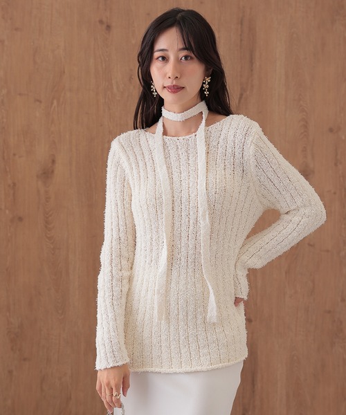 SUWDEE(スーディー)の「choker ribbon rib knit pullover(ニット/セーター・レディース・グレー/アイボリー/ブラック・FREE)」の2枚目の写真