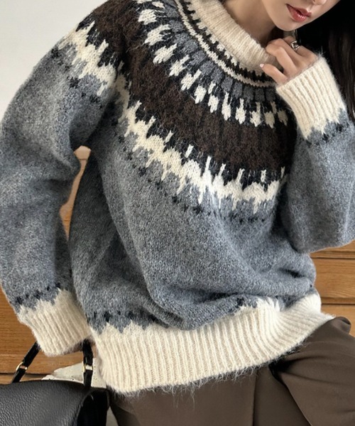 Eclat one(エクラワン)の「【Eclat one】ノルディック柄 クルーネック セーター(ニット/セーター・レディース・グレー/レッド・FREE)」の3枚目の写真