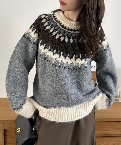 Eclat one(エクラワン)の「【Eclat one】ノルディック柄 クルーネック セーター(ニット/セーター・レディース・グレー/レッド・FREE)」の11枚目の写真
