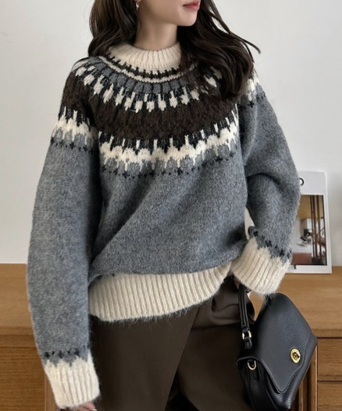 Eclat one(エクラワン)の「【Eclat one】ノルディック柄 クルーネック セーター(ニット/セーター・レディース・グレー/レッド・FREE)」の4枚目の写真