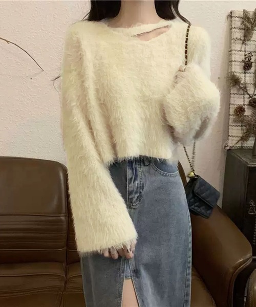 VIBGYOR(ヴィブジョー)の「【EIZZ/アイズ】チョーカー風 ネック シャギーニットトップス(ニット/セーター・レディース・オフホワイト/アイボリー/ブラック/パープル・FREE)」の5枚目の写真