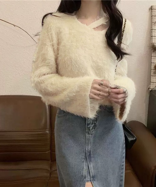 VIBGYOR(ヴィブジョー)の「【EIZZ/アイズ】チョーカー風 ネック シャギーニットトップス(ニット/セーター・レディース・オフホワイト/アイボリー/ブラック/パープル・FREE)」の8枚目の写真