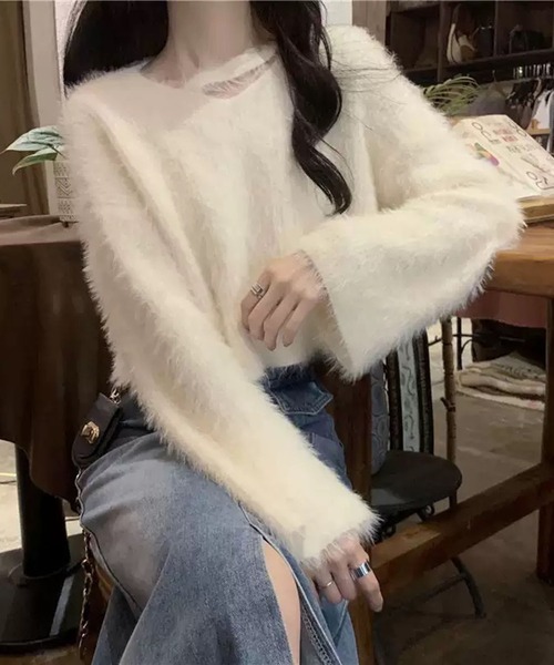 VIBGYOR(ヴィブジョー)の「【EIZZ/アイズ】チョーカー風 ネック シャギーニットトップス(ニット/セーター・レディース・オフホワイト/アイボリー/ブラック/パープル・FREE)」の9枚目の写真
