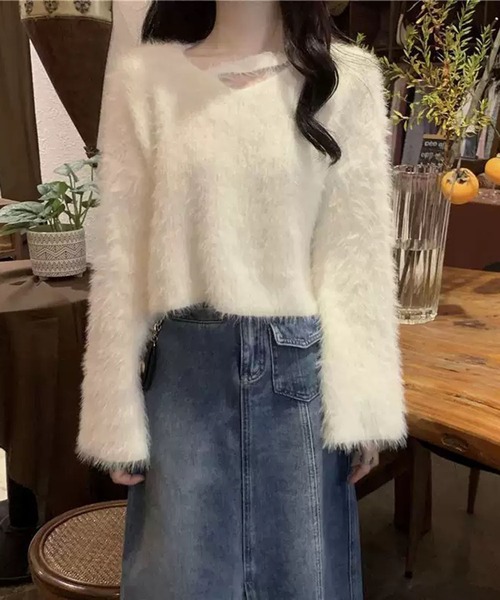 VIBGYOR(ヴィブジョー)の「【EIZZ/アイズ】チョーカー風 ネック シャギーニットトップス(ニット/セーター・レディース・オフホワイト/アイボリー/ブラック/パープル・FREE)」の10枚目の写真