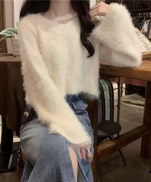 VIBGYOR(ヴィブジョー)の「【EIZZ/アイズ】チョーカー風 ネック シャギーニットトップス(ニット/セーター・レディース・オフホワイト/アイボリー/ブラック/パープル・FREE)」の12枚目の写真