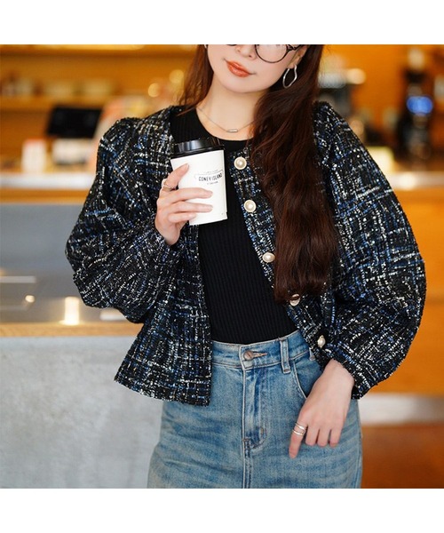 GOLDJAPAN(ゴールドジャパン)の「ラメツイードクロップドジャケット【大きいサイズ対応】(ノーカラージャケット・レディース・ブラック・LL/3L/4L/5L)」の11枚目の写真