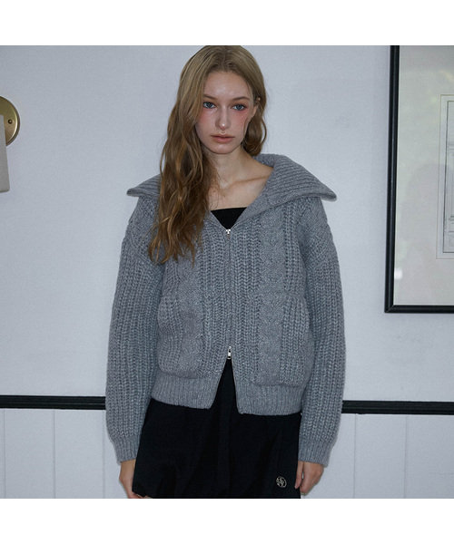 Two-way Twist Knit Zip-up [Gray]