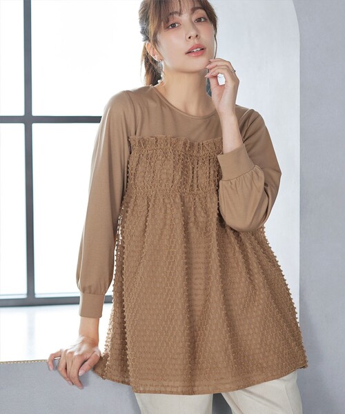 Tiaclasse（ティアクラッセ）の「ポンチ×ジャガードドッキングチュニック（Tシャツ/カットソー・レディース・キャメル/ブラック・M/L）」の5枚目の写真