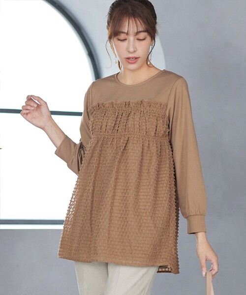 Tiaclasse（ティアクラッセ）の「ポンチ×ジャガードドッキングチュニック（Tシャツ/カットソー・レディース・キャメル/ブラック・M/L）」の7枚目の写真